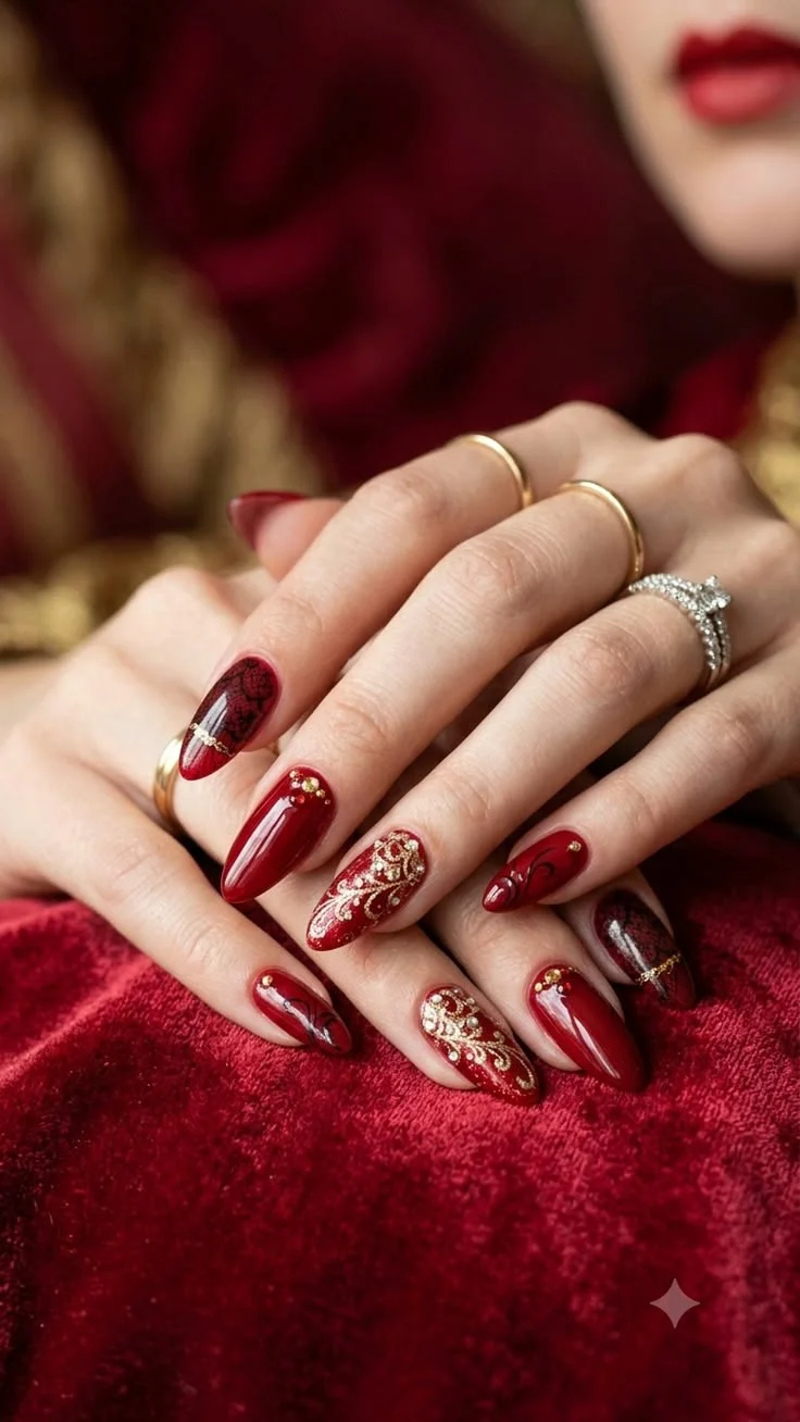 mẫu nail Tết màu đỏ