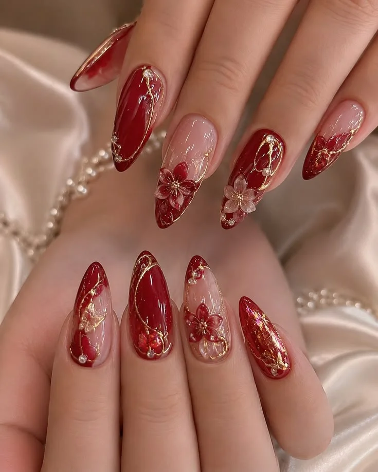 mẫu nail Tết màu đỏ